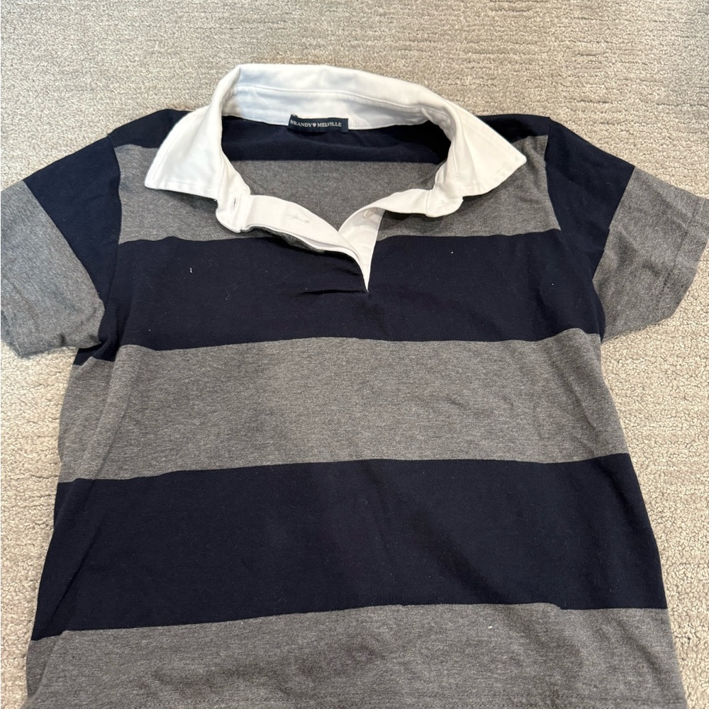 Brandy Melville Gray and Black Striped Polo Tee